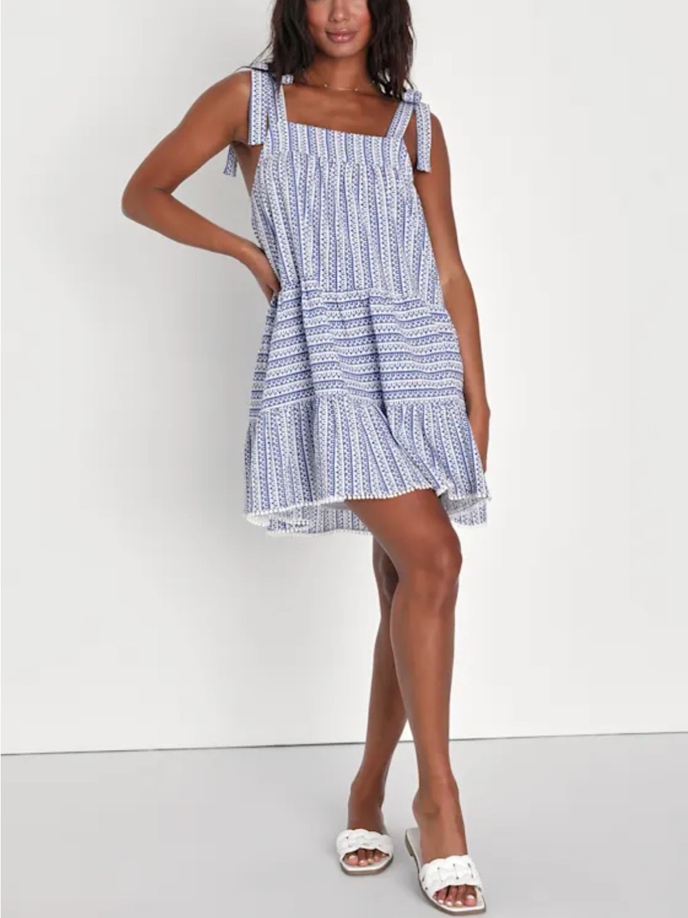 Lulu's Blue & White Tie-Shoulder Tiered Dress